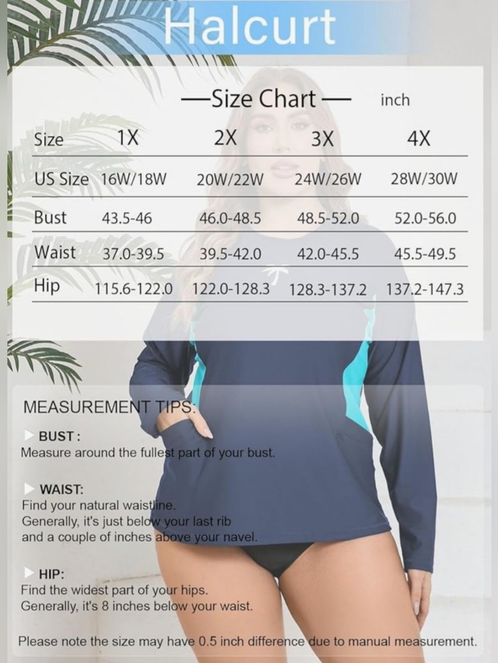 Halcurt Navy & Aqua Long Sleeve Swim Top with Palm Logo 4x - Picture 4 of 8